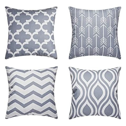 Topfinel Outdoor Grey Cushion Covers 40cm x 40cm Summer Sofa Bed Faux Linen Colorful Waterproof Cushions Pillow Case 16x16 Scatter Decorative Cover for Livingroom Garden Invisible Zipper,Set of 4 Cover