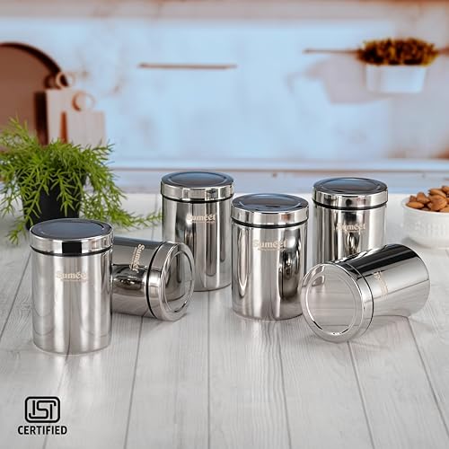 Image of Sumeet ISI Certified Stainless Steel Air Tight Storage Container /Jar /Canister /Dabba with Threading Screw Cap for Kitchen - Pack of 6Pc, 8.3cm, 550ml, Silver