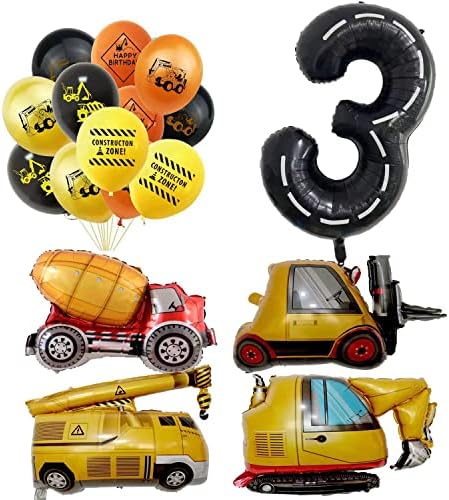 Construction birthday party decorations，include 1 pc 3 construction number Balloon、4 pcs engineering vehicle foil balloons and 18pcs latex balloons for baby shower party home decor (3 years old)