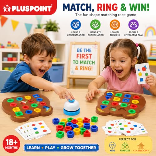 Image of PLUSPOINT Shape Matching Puzzle Game for Kids | 30 Question Cards,32 Colorful Shapes,2 Bear Boards & Bell | Educational STEM Toy for 3+ Years |Montessori Learning Toy for Shape & Color Recognition