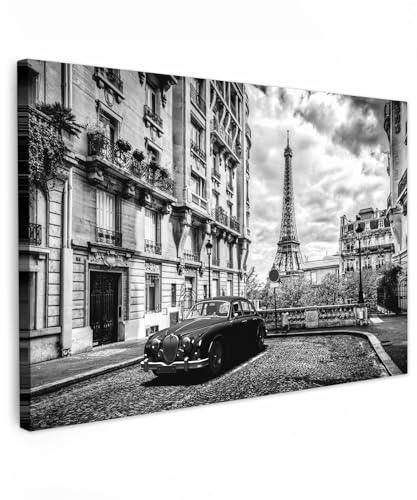 MuchoWow© Impression sur Toile Peinture 120x80 cm Tableau Mural Decoration Salon Reproductions de Tableaux Murale Moderne Paris - Tour Eiffel - Voiture - Noir...