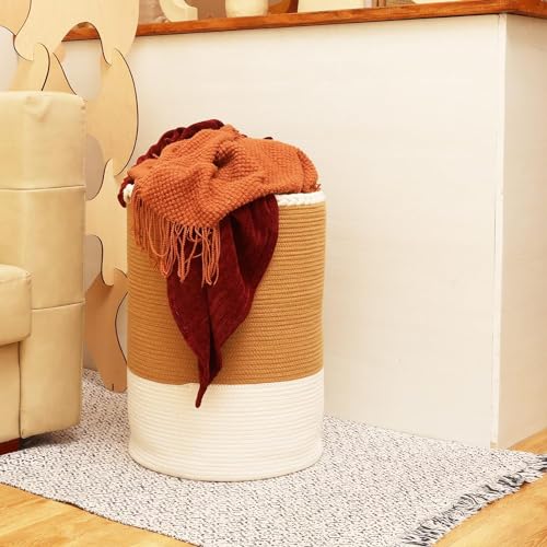 Image of ALBY Woven,Tall Wicker Laundry Basket for Blankets,Clothes,Pillows,Toys,Shoes Large Cotton Laundry Hamper for Bedroom Living Room Bathroom Nursery (12''D x 15''H INCH, BrownA)