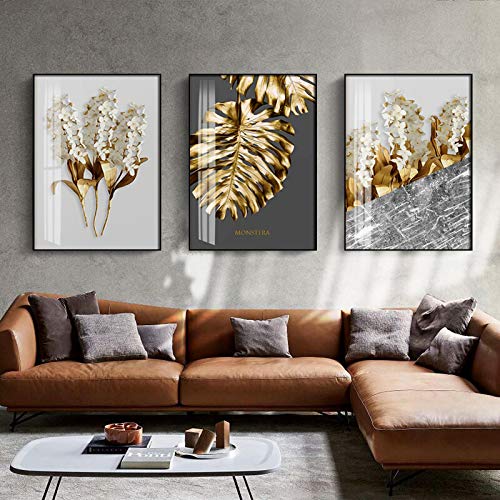 Art abstrait feuille fleur toile salon tableau noir blanc 3 pièces
