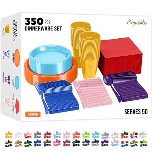 Image of Exquisite 350 Pcs Rainbow Plates and Napkins Party Supplies Plate Sets | Sturdy Plastic Dinnerware Set With 9 inch & 7 inch Plates, 12 Oz Cups, Lunch Napkins and Cutlery Serves 50 for Birthdays & Everyday