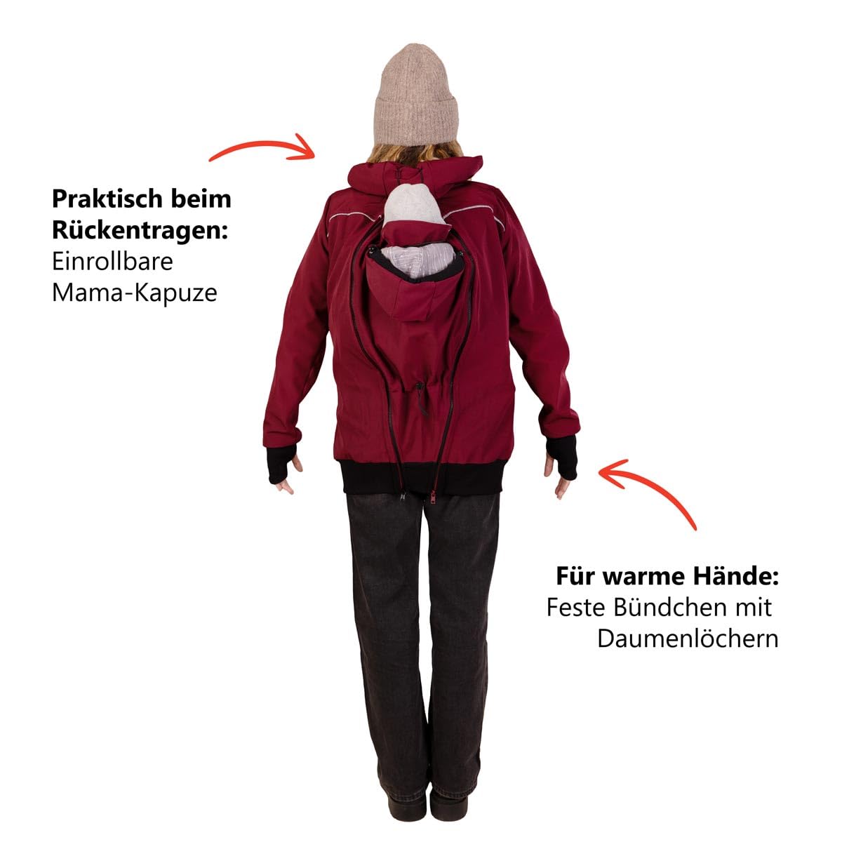 Viva la Mama - 4in1 Allwetter Tragejacke für Vorn- und Rückentragen Umstandsjacke Softshell - AVENTURIS - Burgunder - L