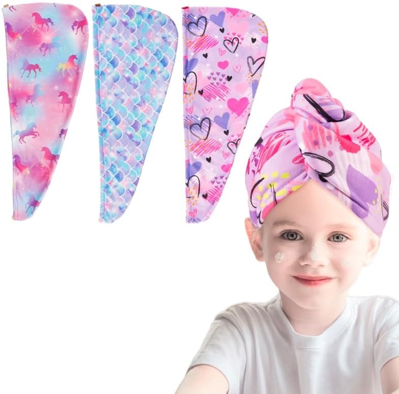 FANTESI 3 Pack Kids Hair Wrap Towel, Microfibre Hair Towel, Hair Towel Turban, Hair Towel Wrap, Unicorn Mermaid Heart Pattern Microfibre Hair Towels Rapid Drying Hair Towel Turban for Girls Women