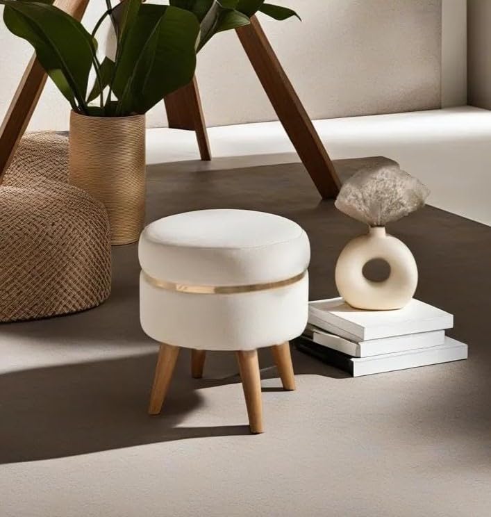 JUMBO CRAFTS Round Wooden Velvet Ottoman - Footrest Stool Linen Fabric Padded Seat Pouffe Ottoman Round Shape Pouffe/Office Stool for Living Room - (Cream)-image-0