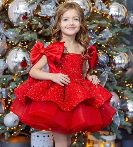 Sparkly Sequin Puffy Flower Girl Dresses A Line Tiered First Communion Gowns with Bow Knot4