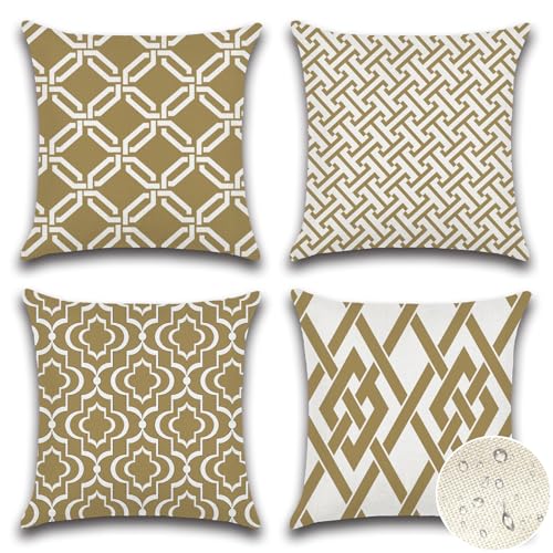 Artscope Juego de 4 Impermeables Funda de Cojines, de Exterior Bohemia Funda de Almohada Geometría para Patio Balcón Jardín Sofá Oficina Hogar Decorativas 50x50cm Geometría49-Caqui