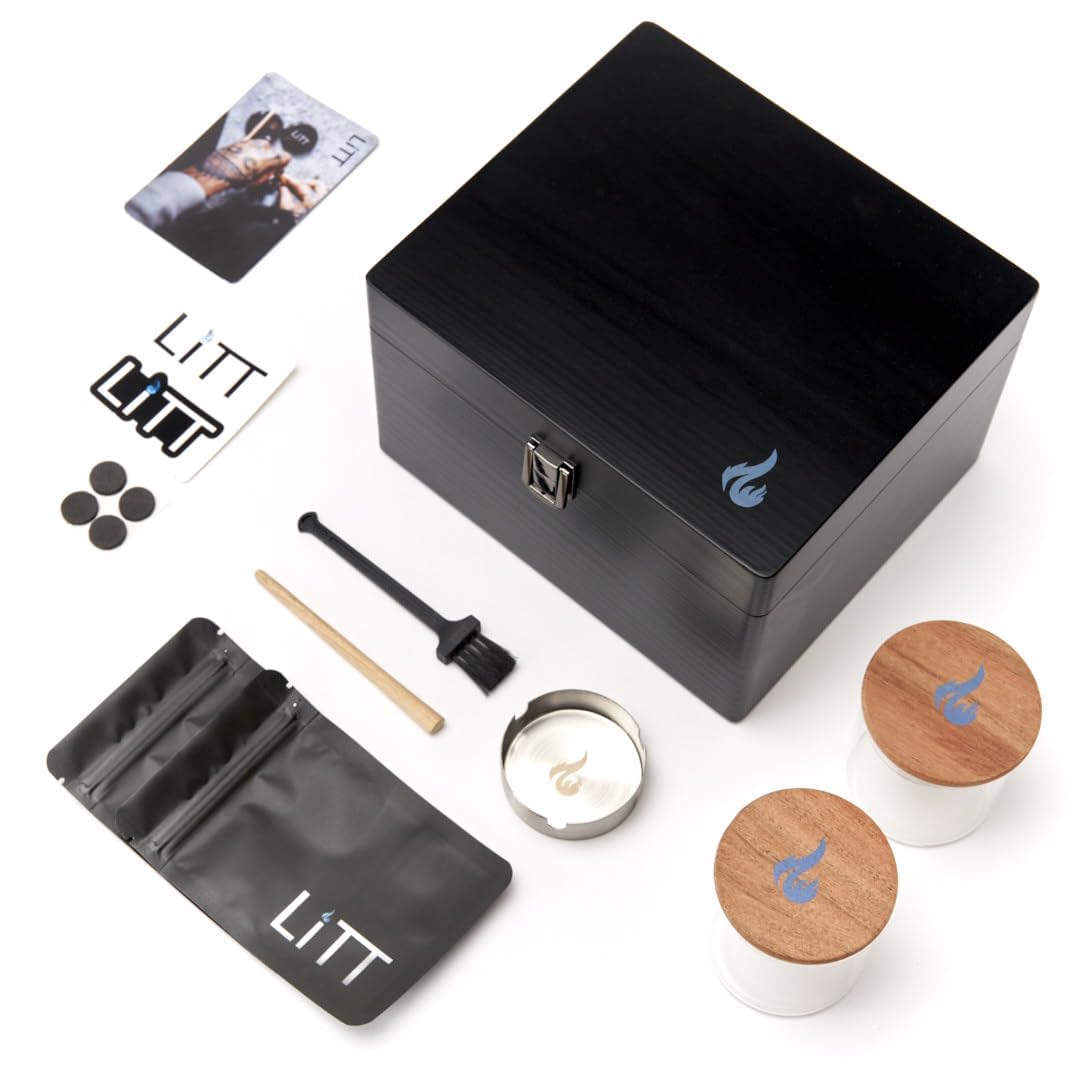 Litt Black Stash Roll Box - Large Portable Wooden Storage Box With Built-In Wooden Tray And Lid - Handcrafted Rolling Accessory Organiser With Storage Compartments (Black)