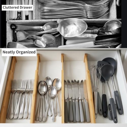 Image of Utoplike 4 pcs Bamboo Kitchen Drawer Dividers Large, Adjustable Drawer Organizers, Spring Loaded, Expandable Organization Works in Kitchen, Dresser, Bathroom, Bedroom, Drawer, Desk