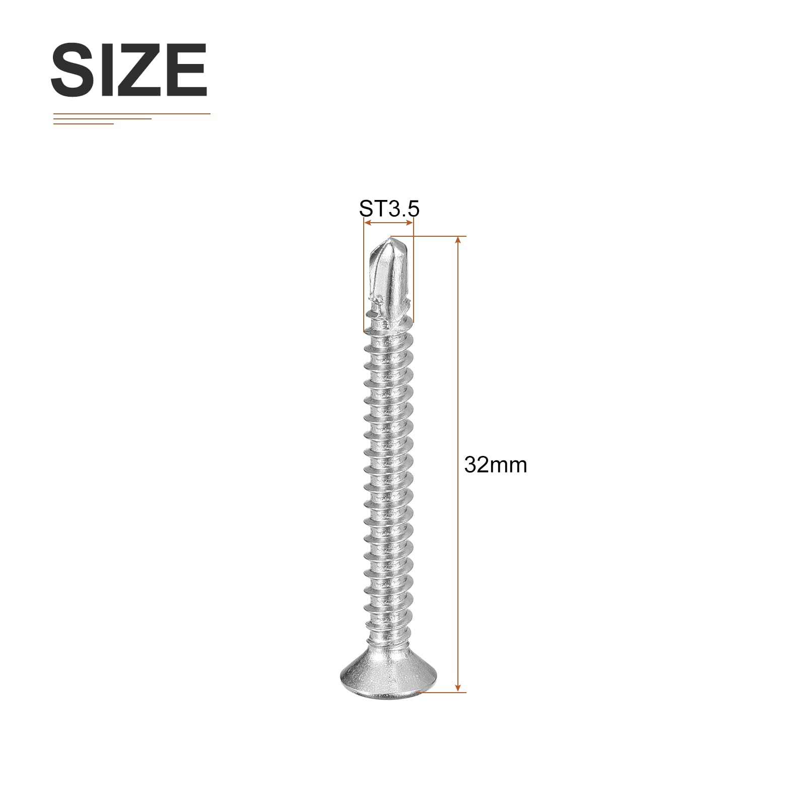DTGN 100Pcs ST3.5x32mm Self Drilling Screws, 410 Stainless Steel Flat Head Phillips Sheet Metal Screw - Image 2