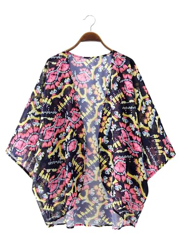 Image of Chunoy Women Summer Boho Floral Short Sleeve Lightweight Sheer Cardigan Open Front Beach Swimwear Blouse Top Chiffon Kimono Cover Up X-Large