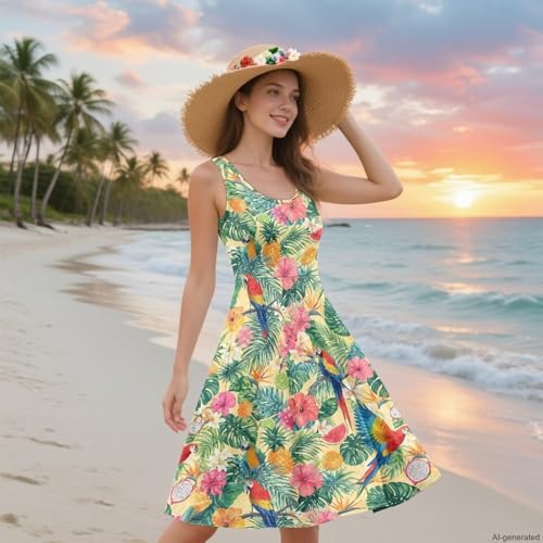 Image of TOADDITDO Women's Sleeveless O Neck Beach A-Line Party Coctail Tank Dresses Flared Sundress