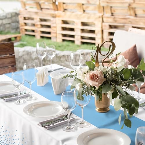 Image of MASHAN 6Pcs White and Light Blue Polka Dot Plastic Rectangular Tablecloths, 54x108 Inch, Spill Resistant, Perfect for Birthday, Wedding, Graduation Parties