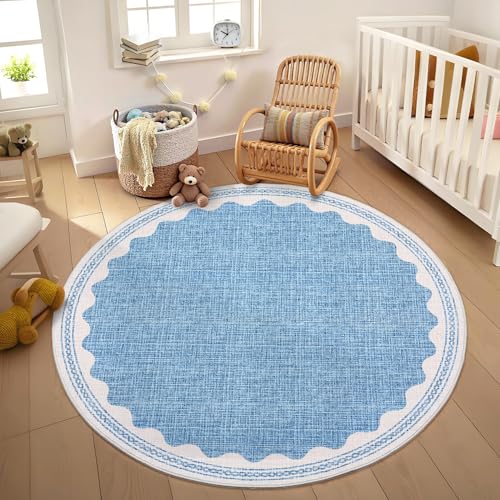 GarveeHome Scalloped Blue 4ft Round Rug Washable Non-Slip Soft Ultra-Thin Small Circle Modern Cottage Core Solid Tan Carpet for Entryway Kitchen Bedroom Nursery Dining Room