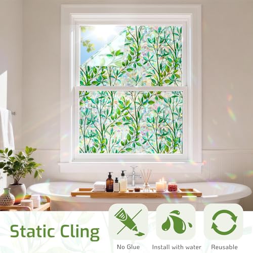 Image of LUTE Stained Glass Window Privacy Film, Leaf Rainbow, 23.6 inch X 78.7 inch | No Glue No Residue, Static Cling Removable Renter Friendly, UV Blocking, for Home Decor Glass Door