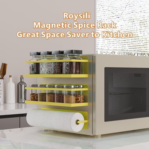 Image of Magnetic Spice Rack For Refrigerator Magnetic Fridge Shelf For Kitchen Spice Organizer Magnetic Shelf For Fridge Space Saving Yellow 4 Pack With Magnetic Paper Towel Holder
