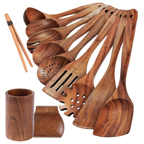 Set de 12 Utensilios de Cocina de Madera de Teca - Incluye Cazo, Espátulas, Cucharas, Pinzas, Bote de madera y Soporte para Cucharas - Resistente, Elegante y Completo - Ideal para Cocinar y Servir