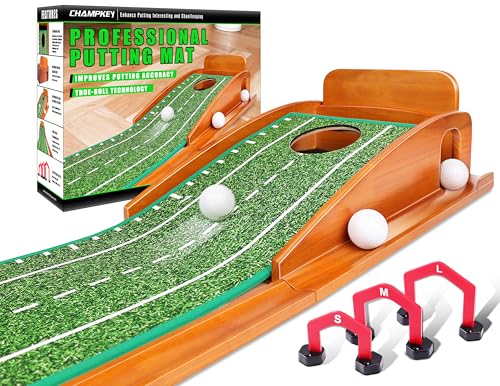 CHAMPKEY Premium Wooden Golf Putting Mat with 3 Gates - Realistic Green Surface - Improve Accuracy