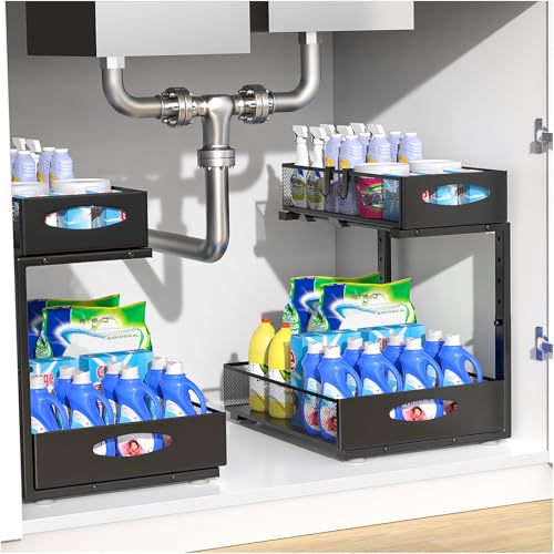 Housolution Rangement sous Évier en Métal, 2 Niveaux Étagère sous Évier Coulissant de Cuisine avec Hauteur Réglable, Organisateur sous Évier pour Placard de Cuisine, 2 Pièces, Noir