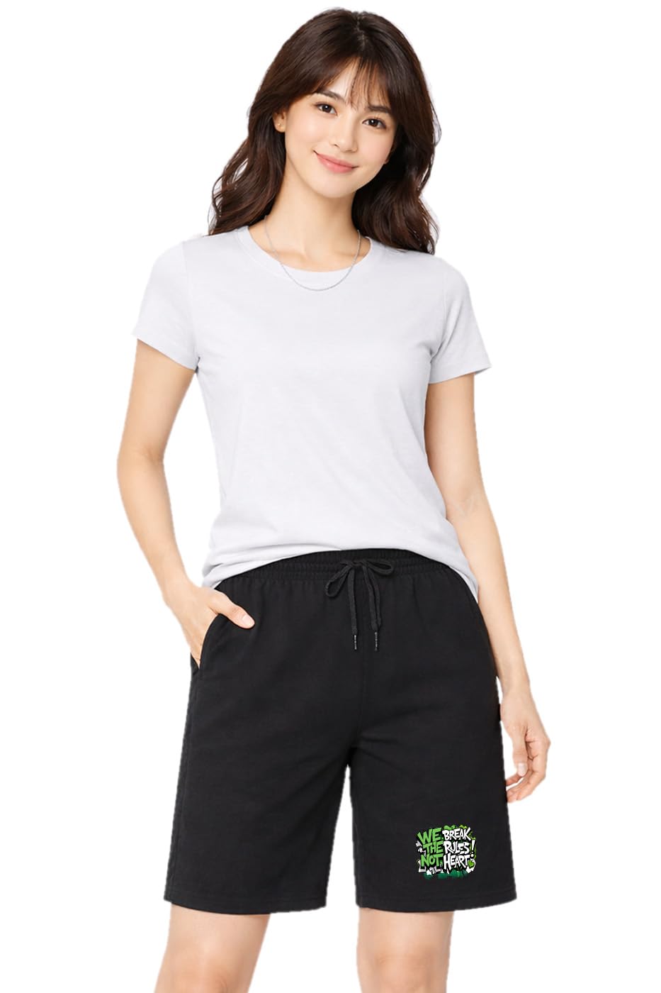 Womens One Side Pockets We Break The Rules Printed Casual Knee Length Short-image-0