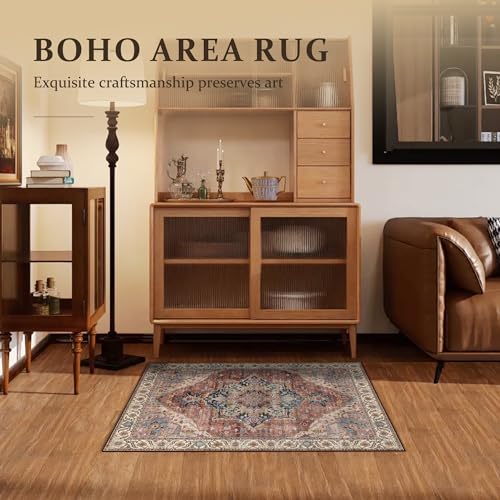 Boho Tribal Area Rug 2x3 Small Entranway Rug Bathroom Doormat Indoor Carpet Farmhouse RugFaux Wool Non-Slip Washable Low-Pile Floor Carpet for Indoor Front Entrance Kitchen Bathroom, Brickred