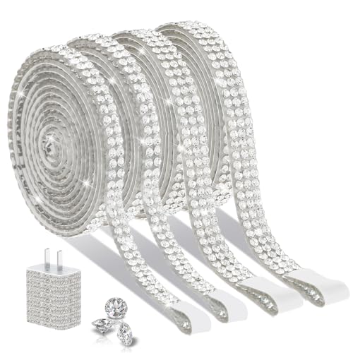 Teaaha 4 Rolls Rhinestone Ribbon Self Adhesive Crystal Rhinestone Tape Glitter Tape with 2 Mm Rhinestones Strips for Wedding Birthday Party Arts Crafts DIY Car Phone Decoration (Silver, 2 Type)
