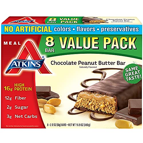 Image of Atkins Chocolate Peanut Butter Protein Meal Bar, High Fiber, 16g Protein, 2g Sugar, 3g Net Carb, Meal Replacement, Keto Friendly, 8 Count