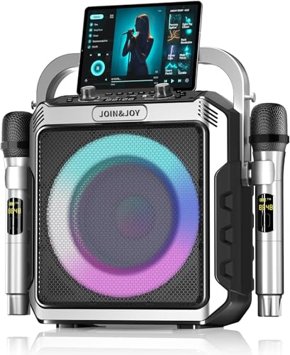 Karaoke Machine with Wireless Mics, Bluetooth Party Portable Speaker with LED Lights & Loud Subwoofer, Outdoor Karaoke Speaker for Home & Party