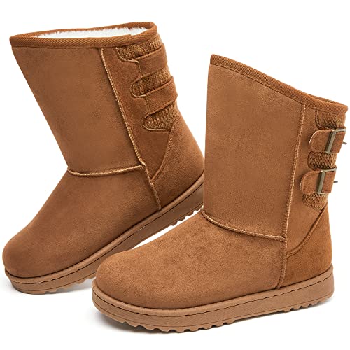 Moudki Womens Winter Boots Mid-calf Snow Boots Fashion Warm Boots for Women Cute Furry Slip On Boots(Apricot,US8)