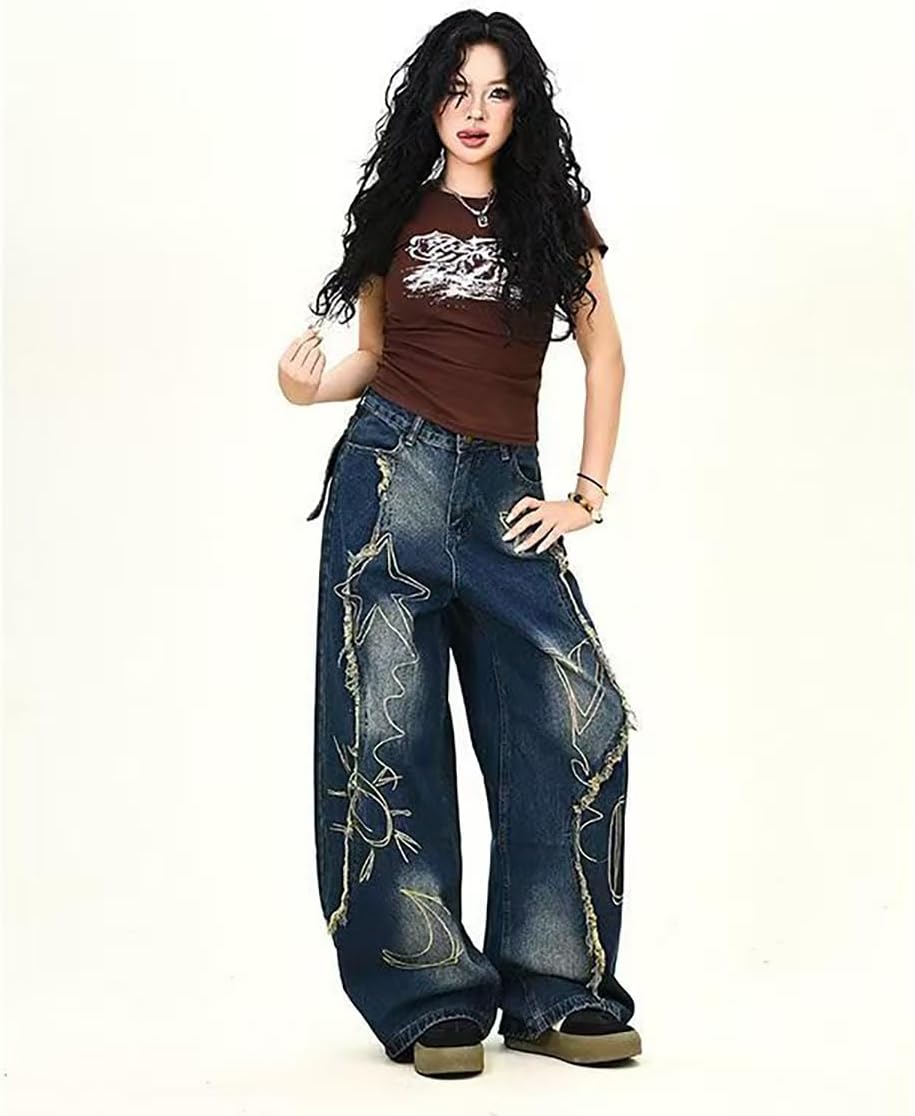 American Women Retro Patchwork Jeans, Stylish and Personalized Star Pattern Design, Loose Y2K Hip-hop Casual Pants - Image 6