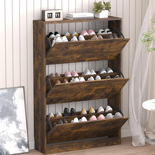 Image of BORNOON Shoe Cabinet with 3 Flip Drawers, Hidden Wood Shoe Cabinet,Freestanding Shoe Storage Cabinet for Entryway Hallway