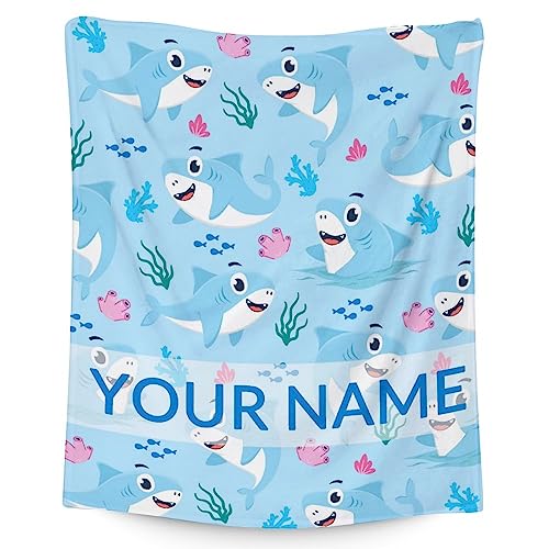 Personalized Shark Blanket Gifts with Name - 40"x50" Cute Throw Blanket for Kids & Adults - Blue Soft Fuzzy Blankets for Bed, Couch & Living Room