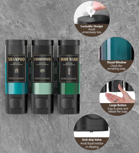 Image of Luxspire Shampoo and Conditioner Dispenser, Shower Soap Dispenser 3-Chamber | Lockable Large Capacity 900ml No-Drill Wall-Mounted Shampoo and Body Wash Dispenser for Bathroom Hotel Kitchen Airbnb