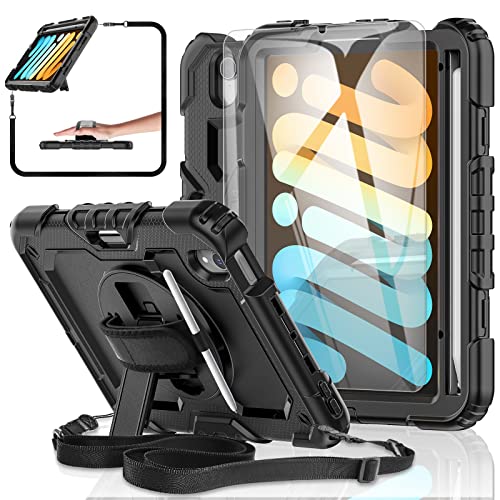 Ipad Mini 6Th Generation 8.3-Inch Case 2021 [With Tempered Glass Screen Protector], Base Mall Shockproof Tablet Protective Case With Pencil Holder, 360° Rotating Kickstand, Hand&Shoulder Strap (Black) #TOP18