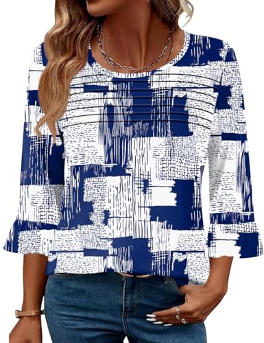 Blingfit 3/4 Length Sleeve Womens Tops Dressy Casual Shirts Ruffle Bell Sleeve Front Pleated Fasion Trendy Summer Blouses