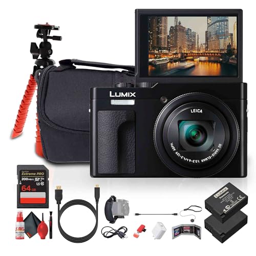 Panasonic TZ99 / ZS99 Point and Shoot Compact Travel Digital Camera (Black) (DC-TZ99) + 64GB Memory Card + DMW-BLG10 Battery + Camera Bag + Flexible Tripod + USB-C Cable + Cleaning Kit + More