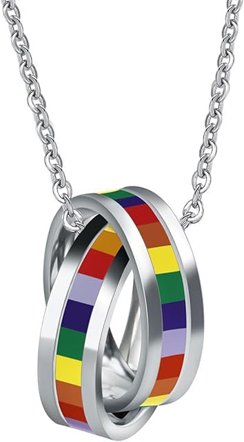 LSxAB Rainbow Couple Rings Pendant Necklace LGBT Pride Gift for Lesbian, Gay