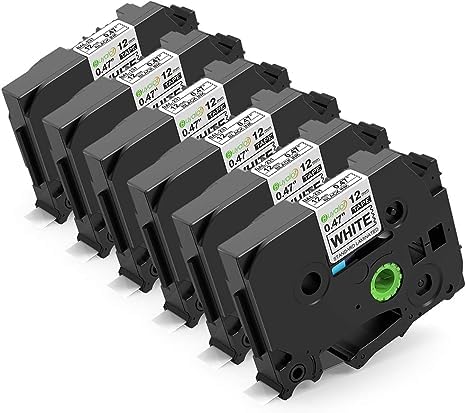 6-Pack 12mm AZe 231 Replace for Brother TZe-231 P Touch 0.47" Laminated Label Maker Tape, Work with Printers PTH110, PTD210, PTD400, TZE231 TZ-231, Black on White, 0.47 in x 26.2 ft
