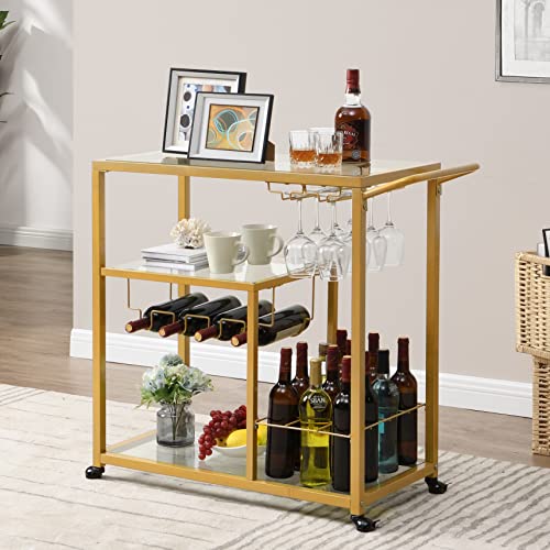 Homyshopy Bar Cart For Home, 3-Tier Mobile Kitchen Serving Cart With Glass Holder And Wine Rack, Rolling Wine Trolley With Tempered Glass And Chrome-Finished Metal Frame (Gold) #TOP1