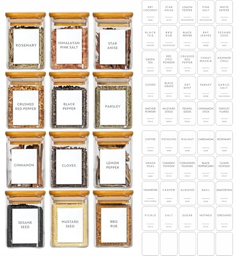 Image of VILON Glass Jars Set, Square Spice Jars With Bamboo Lids And Labels, 8Oz(230ml) 12 Piece Small Food Storage Containers For Home Kitchen, Spice, Herbs, Seasoning, Seed, Tea, Sugar, Salt,Clear