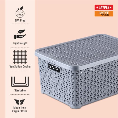 Image of Jaypee Plus Keep all 3 Plastic Storage Basket Organizers With Lid For Kitchen,Fridge, Office Wardrobe, Stationery, Household, Toys & Multipurpose use Pack of 3 Durable Box, Silver