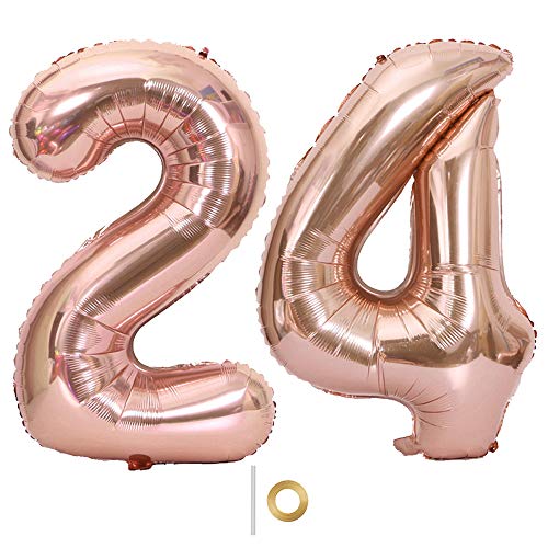 Shuxy 2pcs 40 Inch Number Balloon Foil Balloon Number 24 Jumbo Giant Balloon Prom Balloon Mylar Huge Number Balloon for Birthday Party Decoration Wedding Anniversary, XXXL Rose Gold 24 Number Balloon