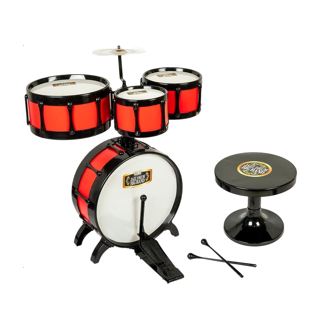 Jazz Drum Big Band Kids Toy Drum Set, Red and Black, with Stool, Drumsticks, Cymbal, Bass Drum-image-49