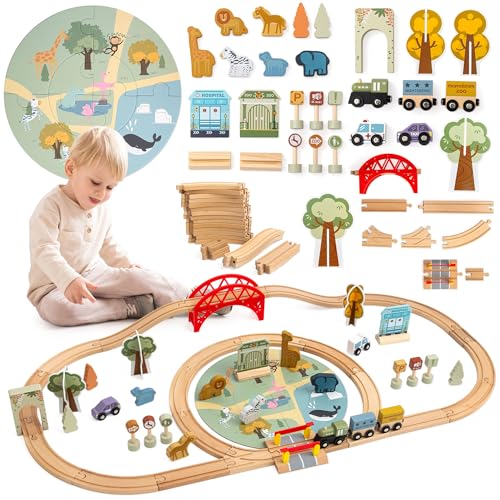 Mamabrum Holz Eisenbahn Kinder mit Brücke Schranke und Puzzle – Gleise, Zug, Tiere Zoo, Figuren, Fahrzeuge – Lernspielzeug Safari - Holzschienen Eisenbahn 106×55 cm für Kinder ab 3 Jahren