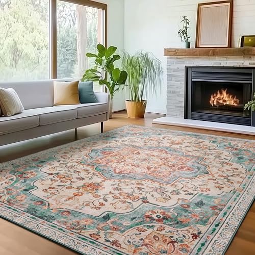 SONGMICS HOME Vintage Teppich, 160 x 230 cm, Wohnzimmerteppich, Schlafzimmerteppich, Waschbarerteppich, Rutschfester Teppich, für Küche, Flur, Esszimmer, aquamarinblau TAR033Q01