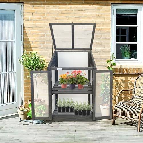 Lendo Online Gewächshaus - Frühbeet aus Holz - Greenhouse - Treibhaus - Frühbeetkasten mit Doppeltür - Pflanzenhaus - Aufzuchtschrank Fichtenholz Kiefernholz mit PC-Platten (Grau mit Einzelltür)