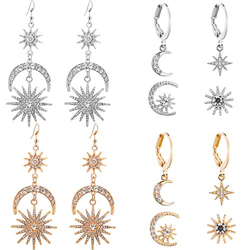 6 Pairs Sun Stars Moon Drop Earrings Dangle Small Hoop Earrings Crystal Rhinestone Asymmetrical Dangle Earrings Dainty Studs Boho Vintage Statement Earrings Jewelry for Women Girls, Gold and Silver