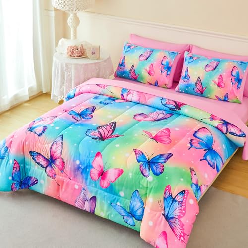 Image of 7 Pcs Butterfly Twin Bedding Set for Girls, Colorful Comforter Set Twin Size, Soft All Season Pink Butterfly Girls Bedding Sets with Sheets